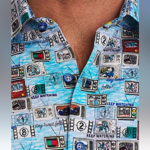 Sz 4X Men’s Robert Graham Stay Tuned TV Print Classic Fit Button-Down Shirt - Picture 10 of 12